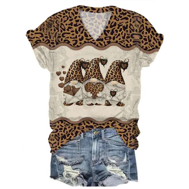 Women's V-Neck Leopard Print Gnome Top